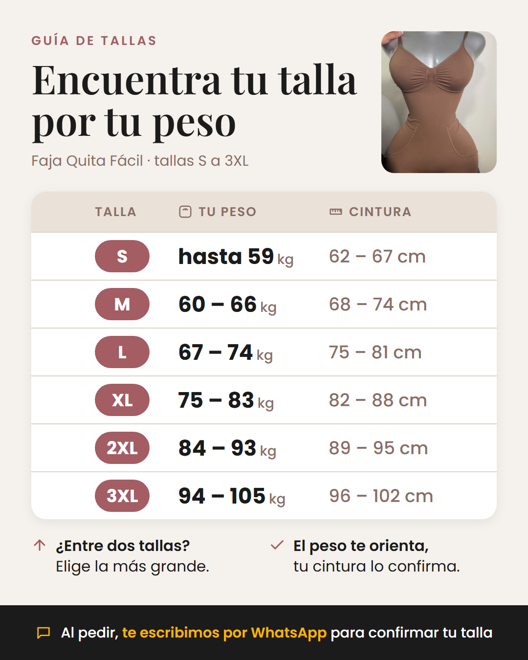 Guía de tallas por peso y cintura de la Faja Quita Fácil