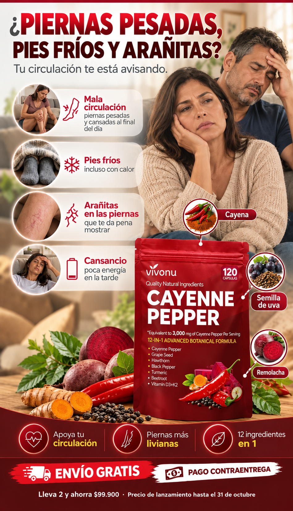 Cayenne Pepper 12 en 1 - piernas pesadas, pies fríos y arañitas